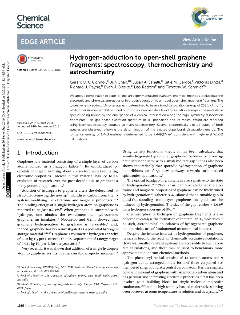 Hydrogen-Adduction to Open-Shell Graphene Fragments: Spectroscopy, Thermochemistry and Cite This: Chem