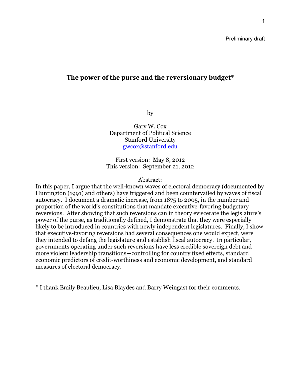 Cox the Power of the Purse and the Reversionary Budget.Pdf