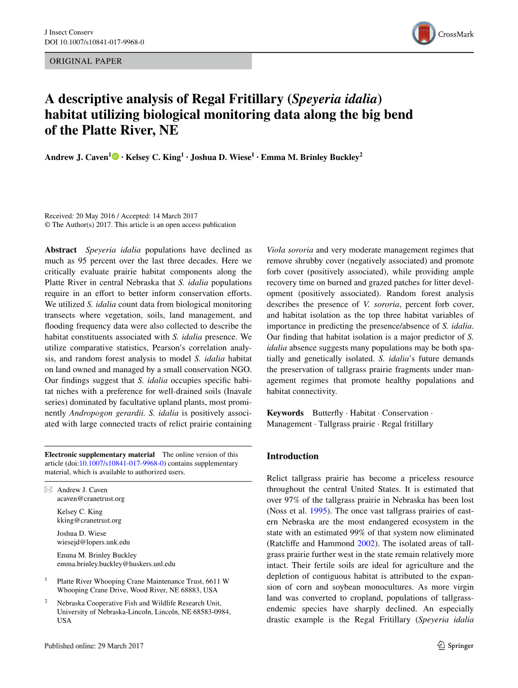 A Descriptive Analysis of Regal Fritillary (Speyeria Idalia) Habitat Utilizing Biological Monitoring Data Along the Big Bend of the Platte River, NE