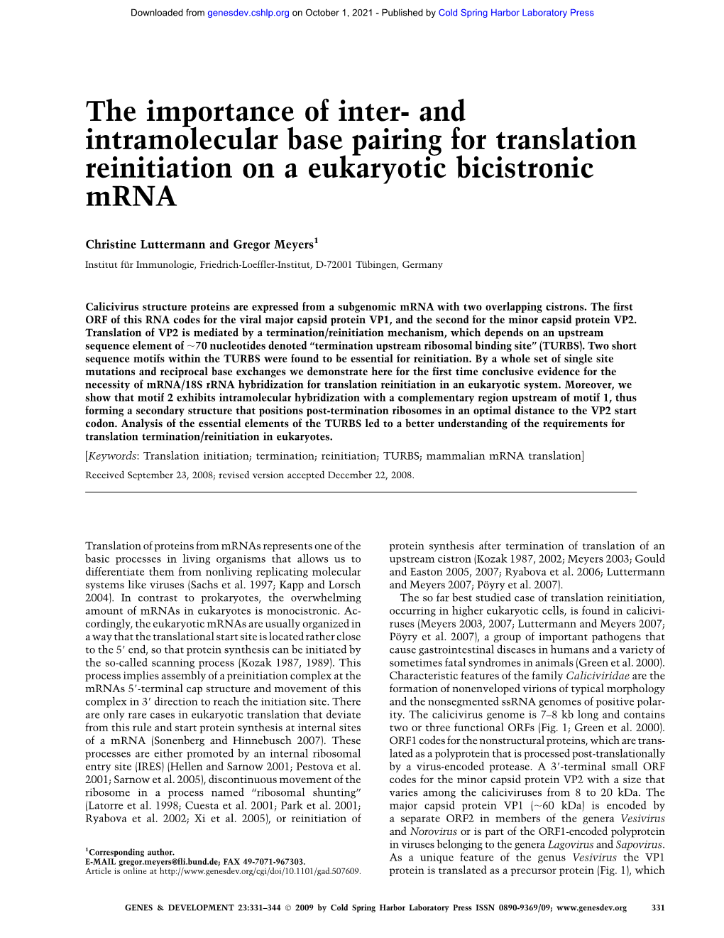 And Intramolecular Base Pairing for Translation Reinitiation on a Eukaryotic Bicistronic Mrna