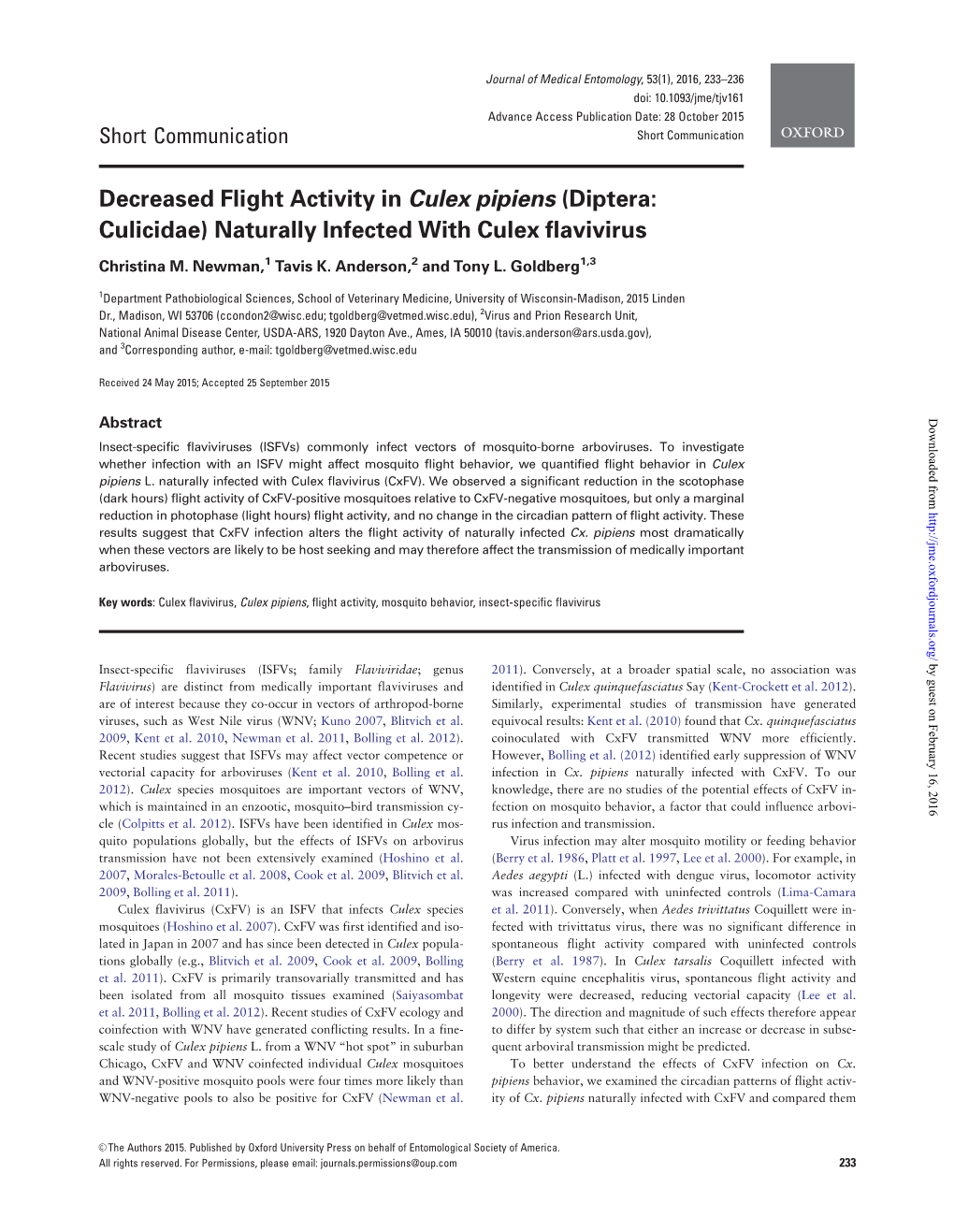 Decreased Flight Activity in Culex Pipiens (Diptera: Culicidae) Naturally Infected with Culex Flavivirus