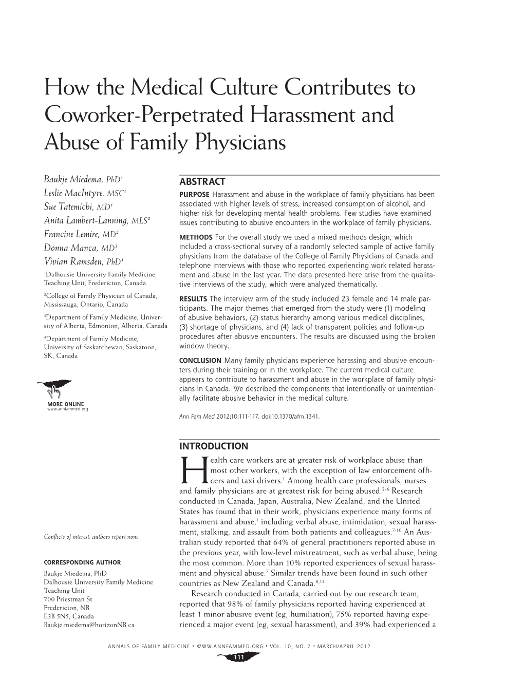 How the Medical Culture Contributes to Coworker-Perpetrated Harassment and Abuse of Family Physicians