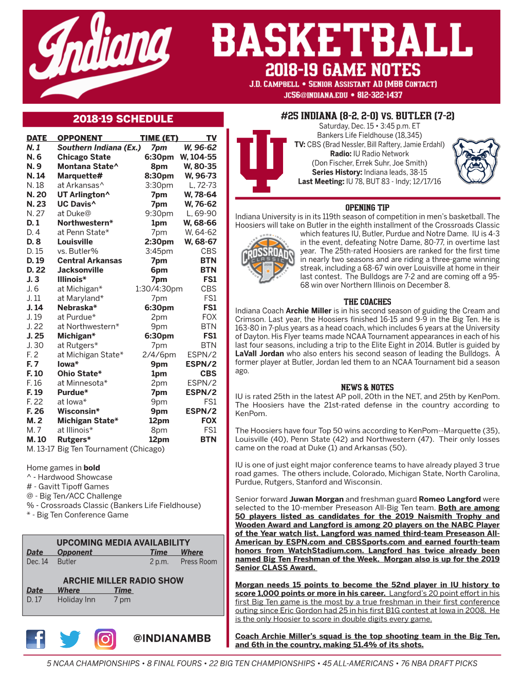 @INDIANAMBB 2018-19 SCHEDULE #25 INDIANA (8-2, 2-0) Vs. BUTLER