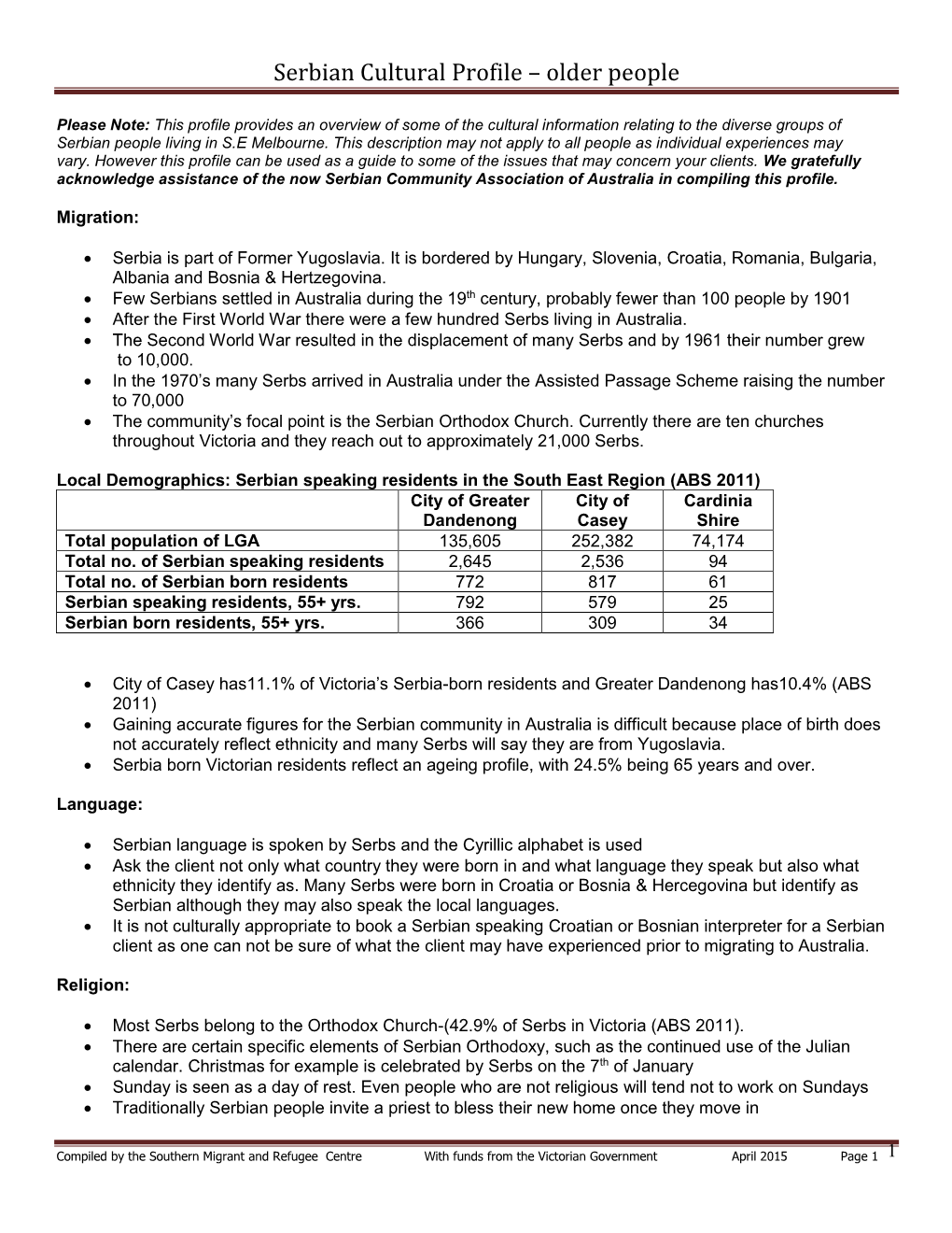 Cultural Profile for Serbian Seniors