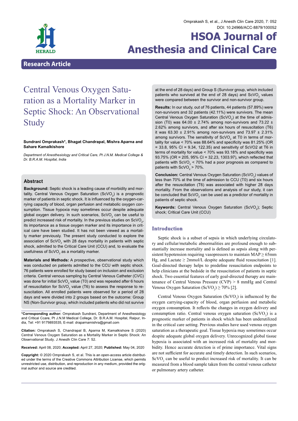 Central Venous Oxygen Satu- Ration As a Mortality Marker in Septic Shock