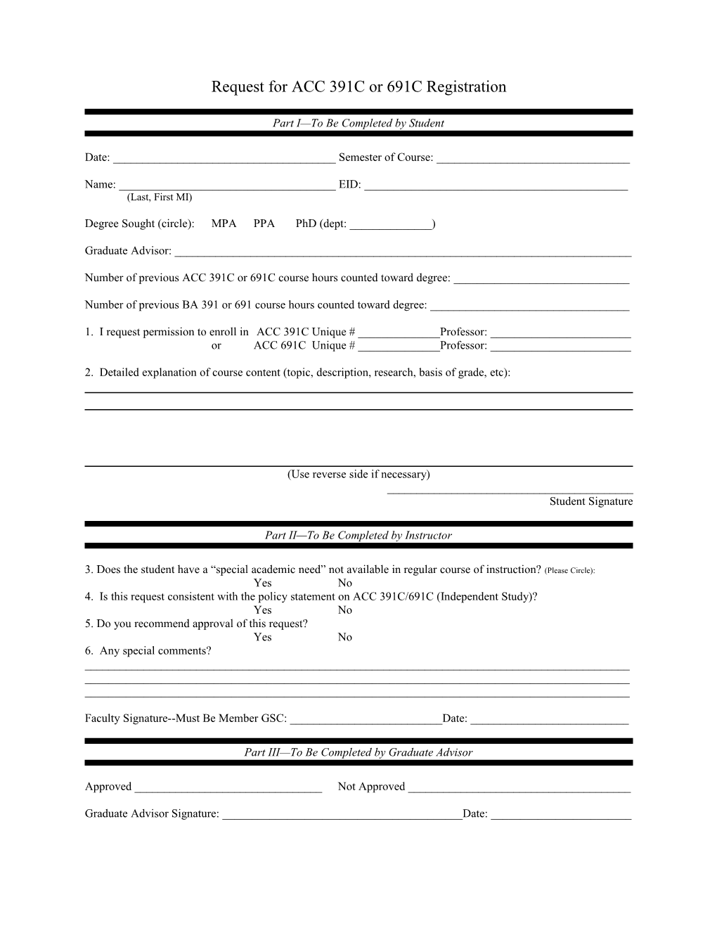 Request for ACC 391 Or 691 Registration