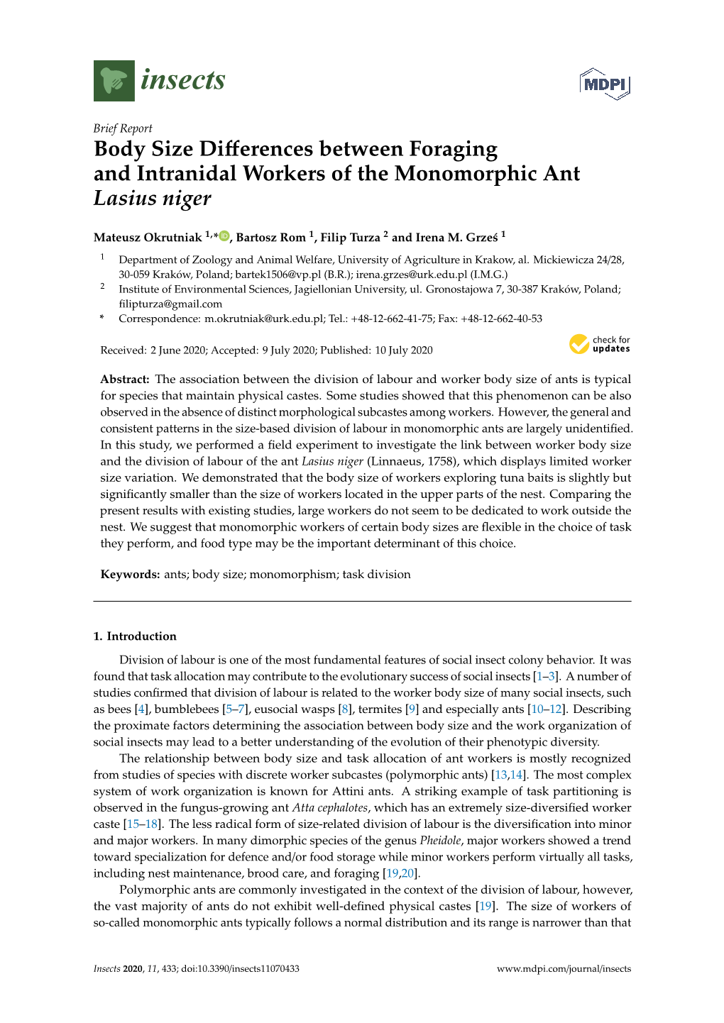 Body Size Differences Between Foraging and Intranidal Workers Of
