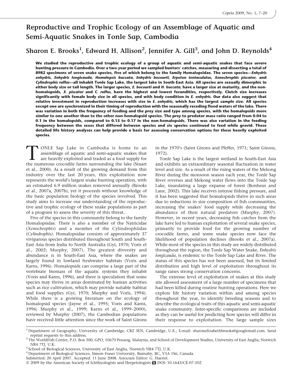 Reproductive and Trophic Ecology of an Assemblage of Aquatic and Semi-Aquatic Snakes in Tonle Sap, Cambodia