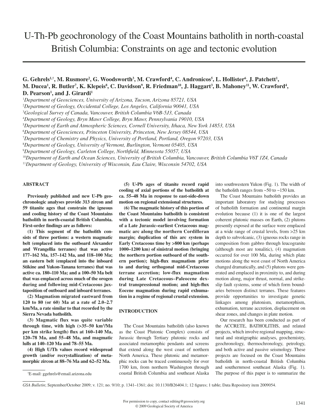 U-Th-Pb Geochronology of the Coast Mountains Batholith in North-Coastal British Columbia: Constraints on Age and Tectonic Evolution