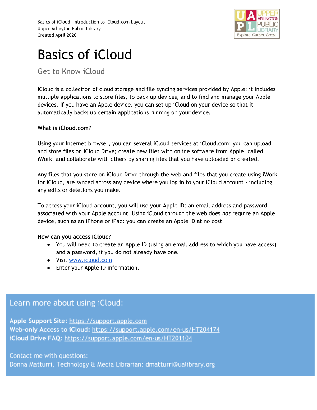 Basics of Icloud: Introduction to Icloud.Com Layout Upper Arlington Public Library Created April 2020