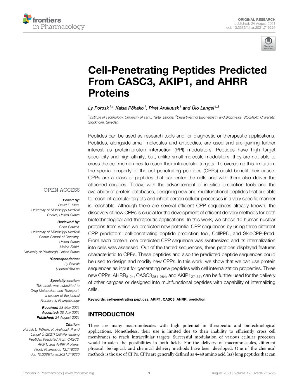 Cell-Penetrating Peptides Predicted from CASC3, AKIP1, and AHRR Proteins