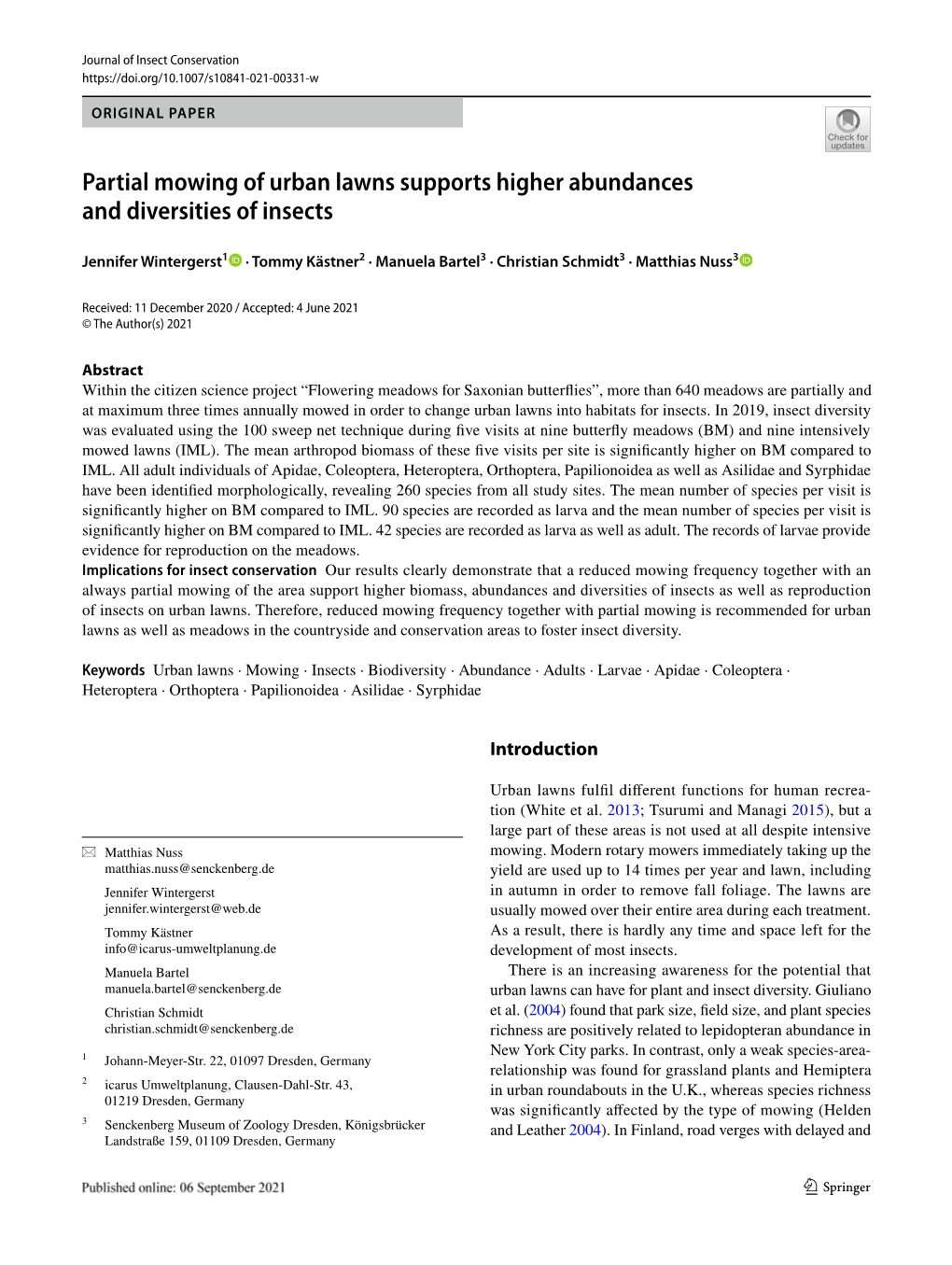 Partial Mowing of Urban Lawns Supports Higher Abundances and Diversities of Insects