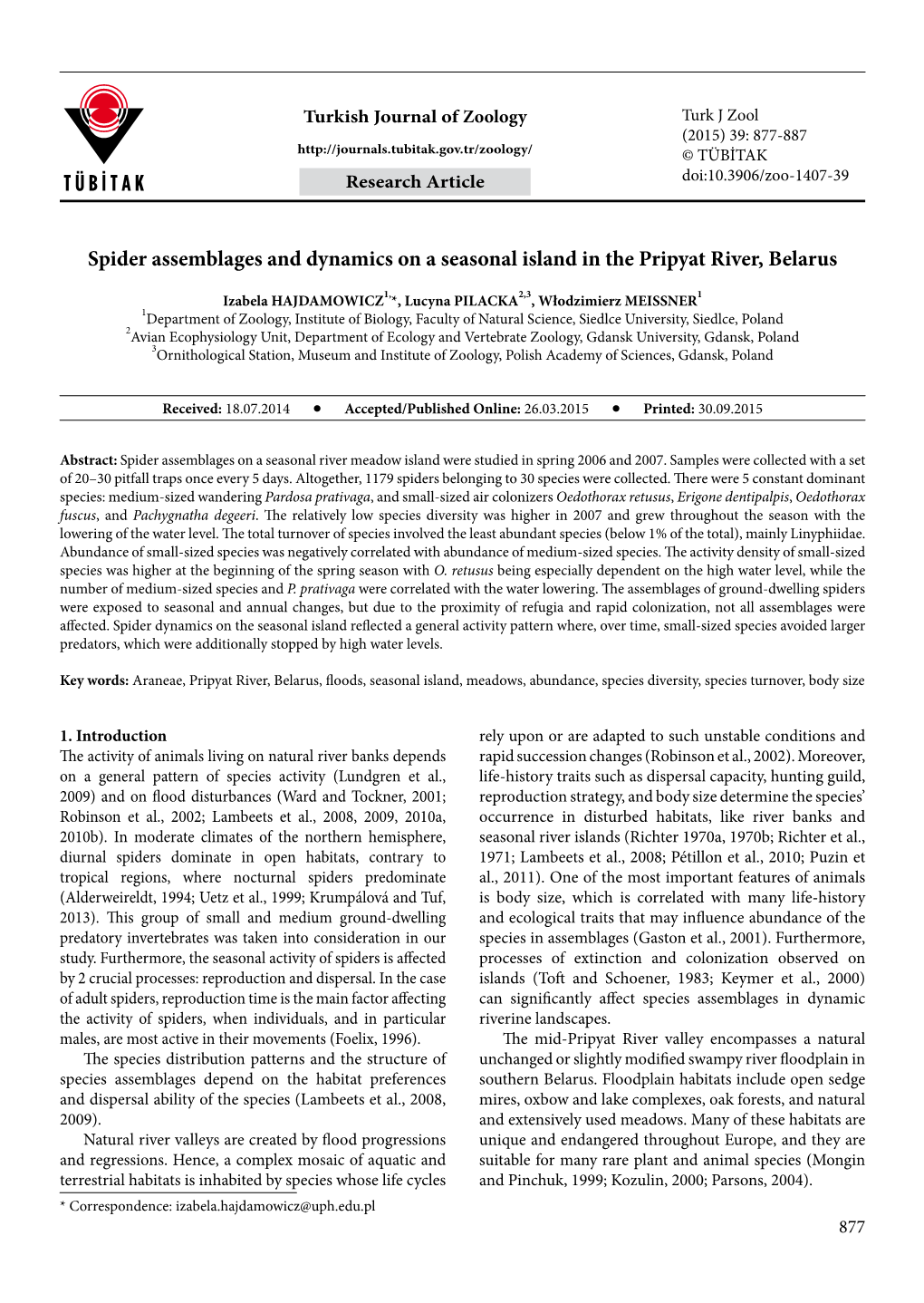 Spider Assemblages and Dynamics on a Seasonal Island in the Pripyat River, Belarus