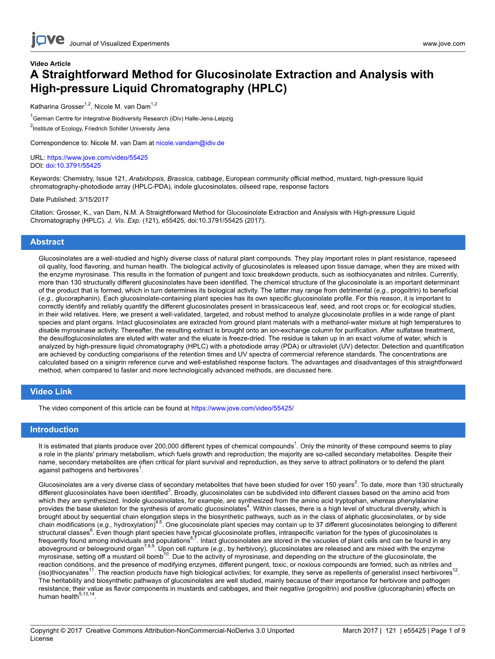 A Straightforward Method for Glucosinolate Extraction and Analysis with High-Pressure Liquid Chromatography (HPLC)