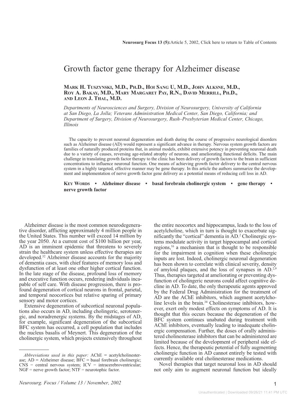 Growth Factor Gene Therapy for Alzheimer Disease