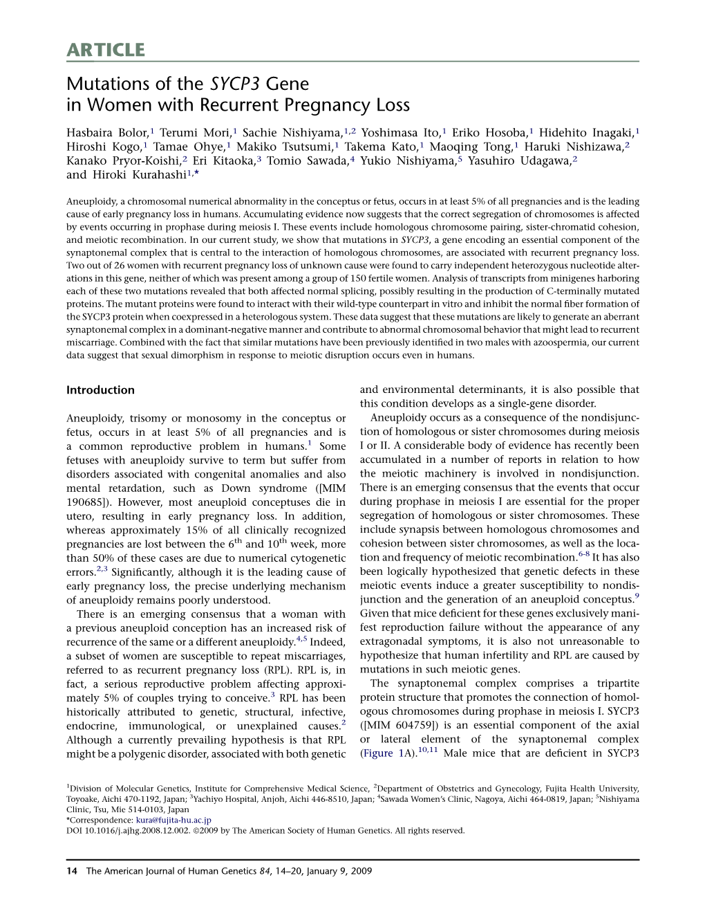 Mutations of the SYCP3 Gene in Women with Recurrent Pregnancy Loss