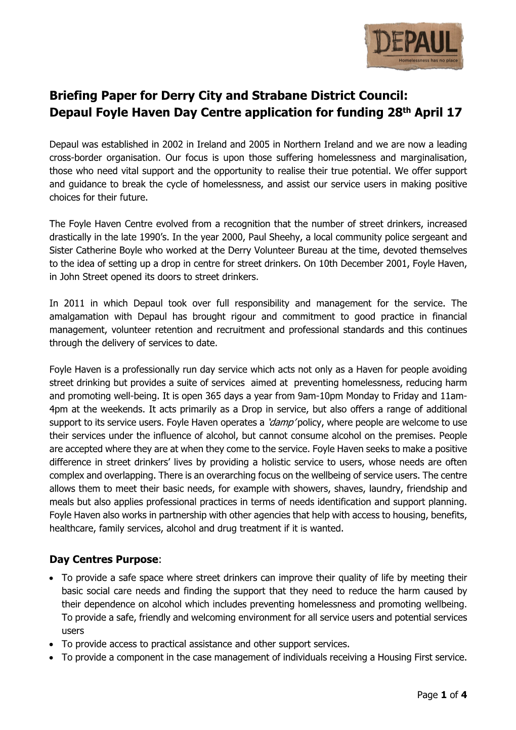 Briefing Paper for Derry City and Strabane District Council: Depaul Foyle Haven Day Centre Application for Funding 28Th April 17
