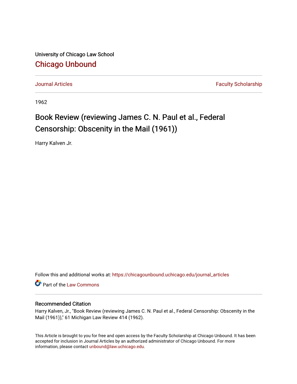 Book Review (Reviewing James CN Paul Et Al., Federal Censorship