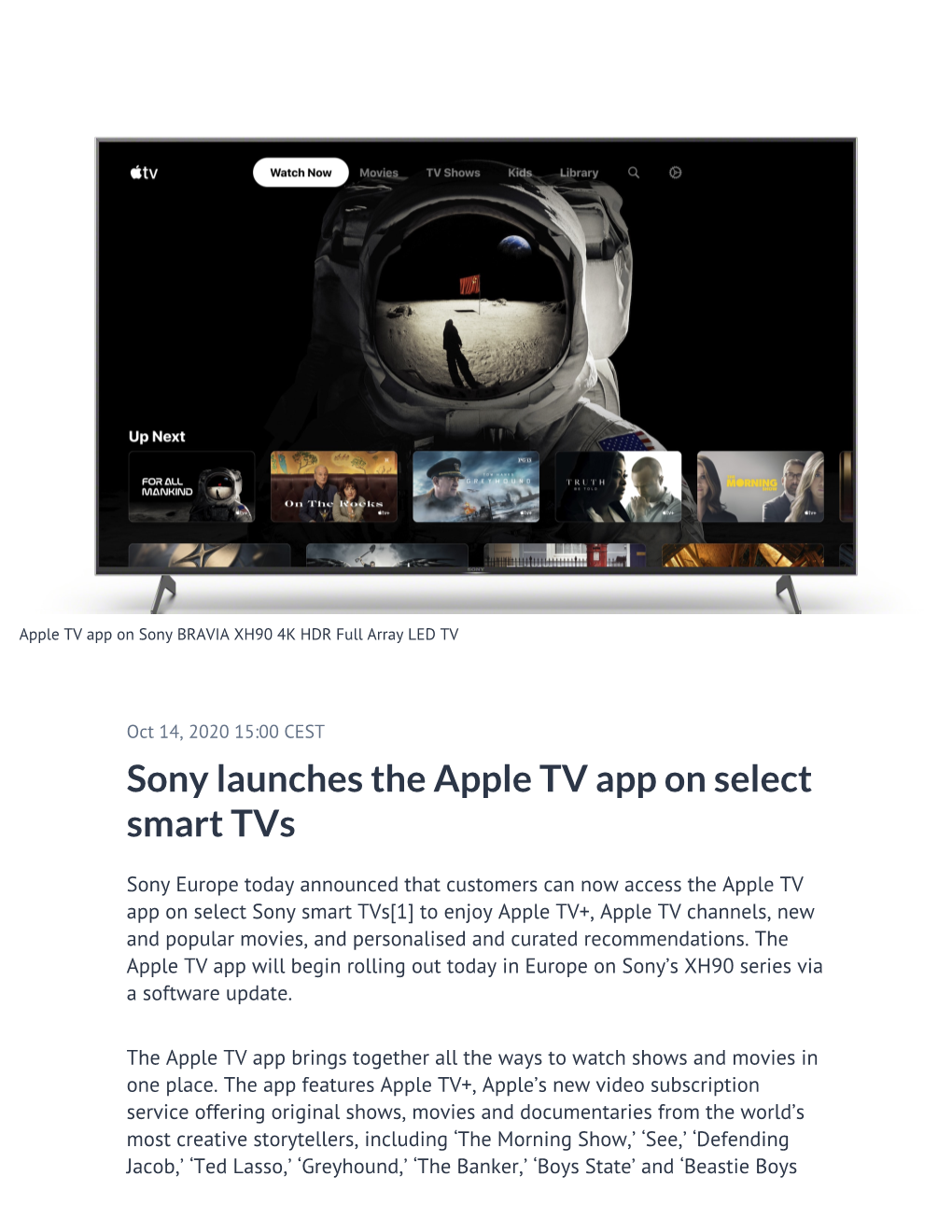 Sony Launches the Apple TV App on Select Smart Tvs