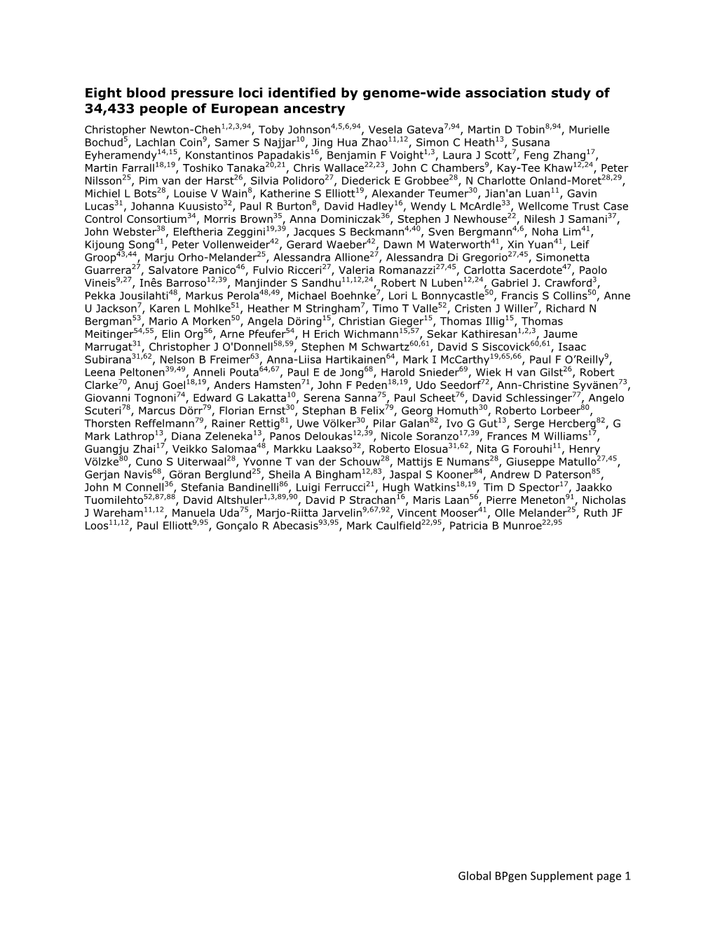 Global Bpgen Supplement Page 1 Eight Blood Pressure Loci Identified by Genome-Wide Association Study of 34,433 People Of