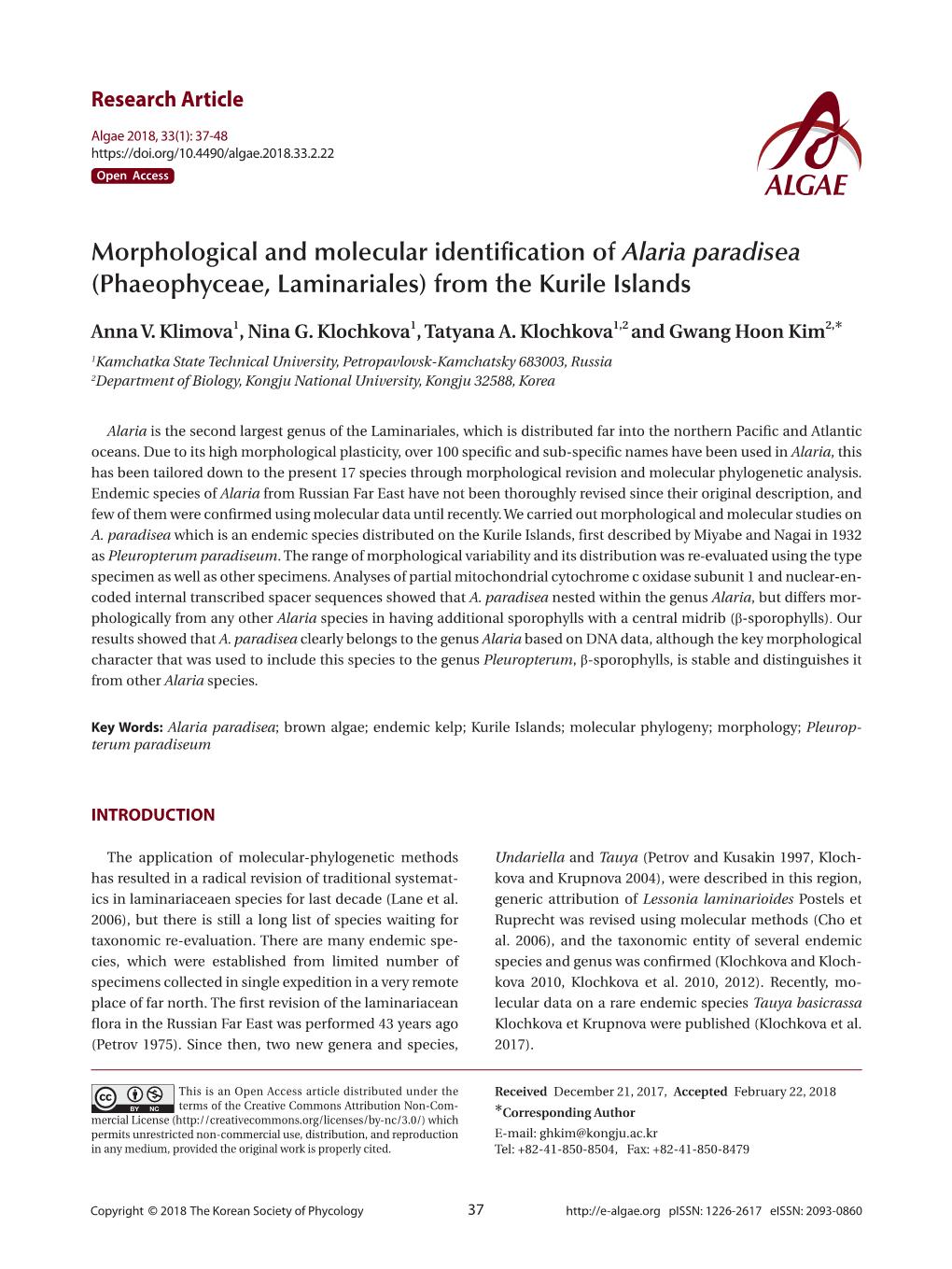 Morphological and Molecular Identification of Alaria Paradisea