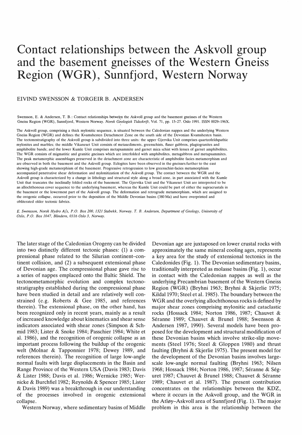 Contact Relationships Between the Askvoll Group and the Basement Gneisses of the Western Gneiss Region (WGR) , Sunnfjord, Western Norway