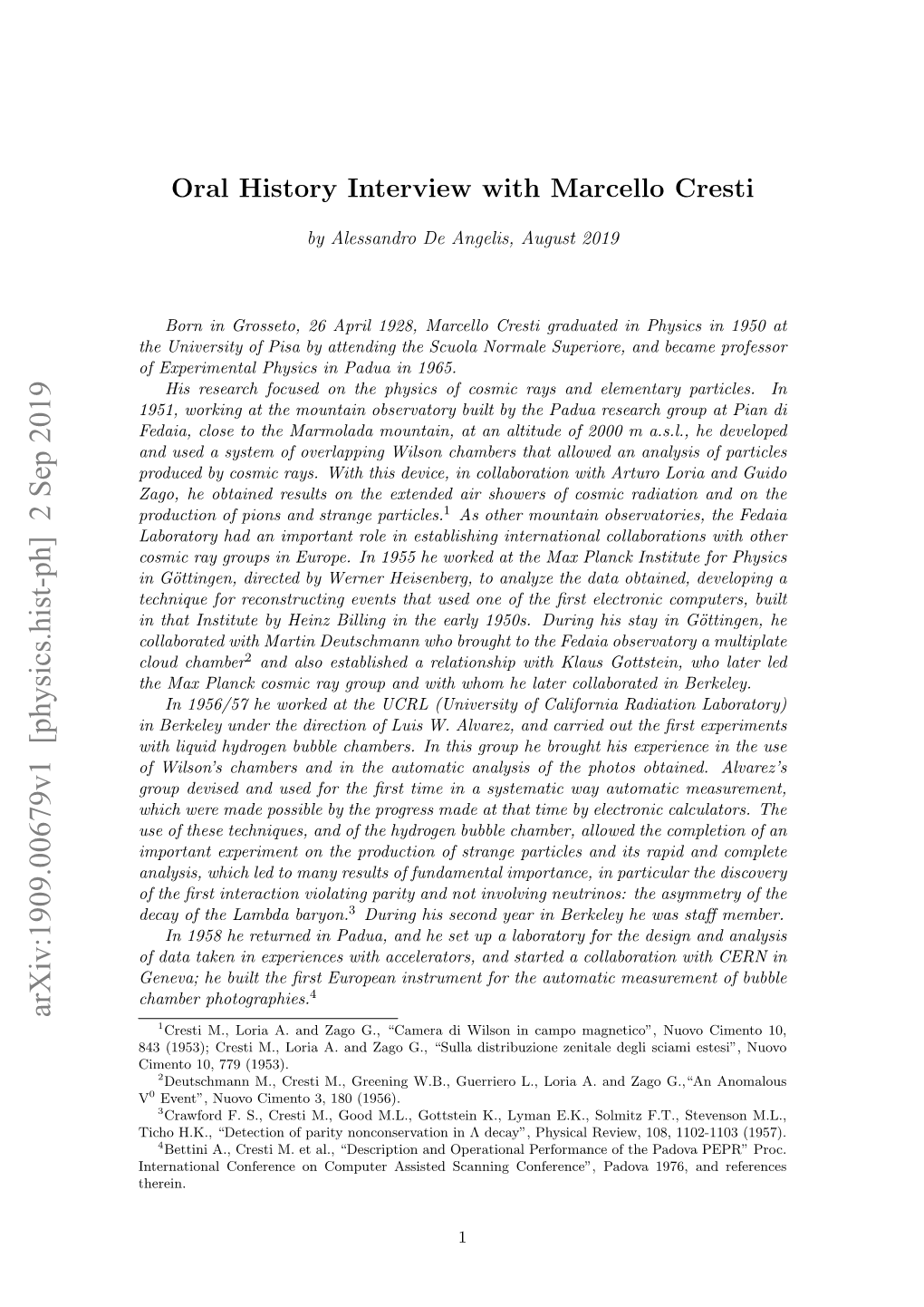 Arxiv:1909.00679V1 [Physics.Hist-Ph] 2 Sep 2019 1Cresti M., Loria A