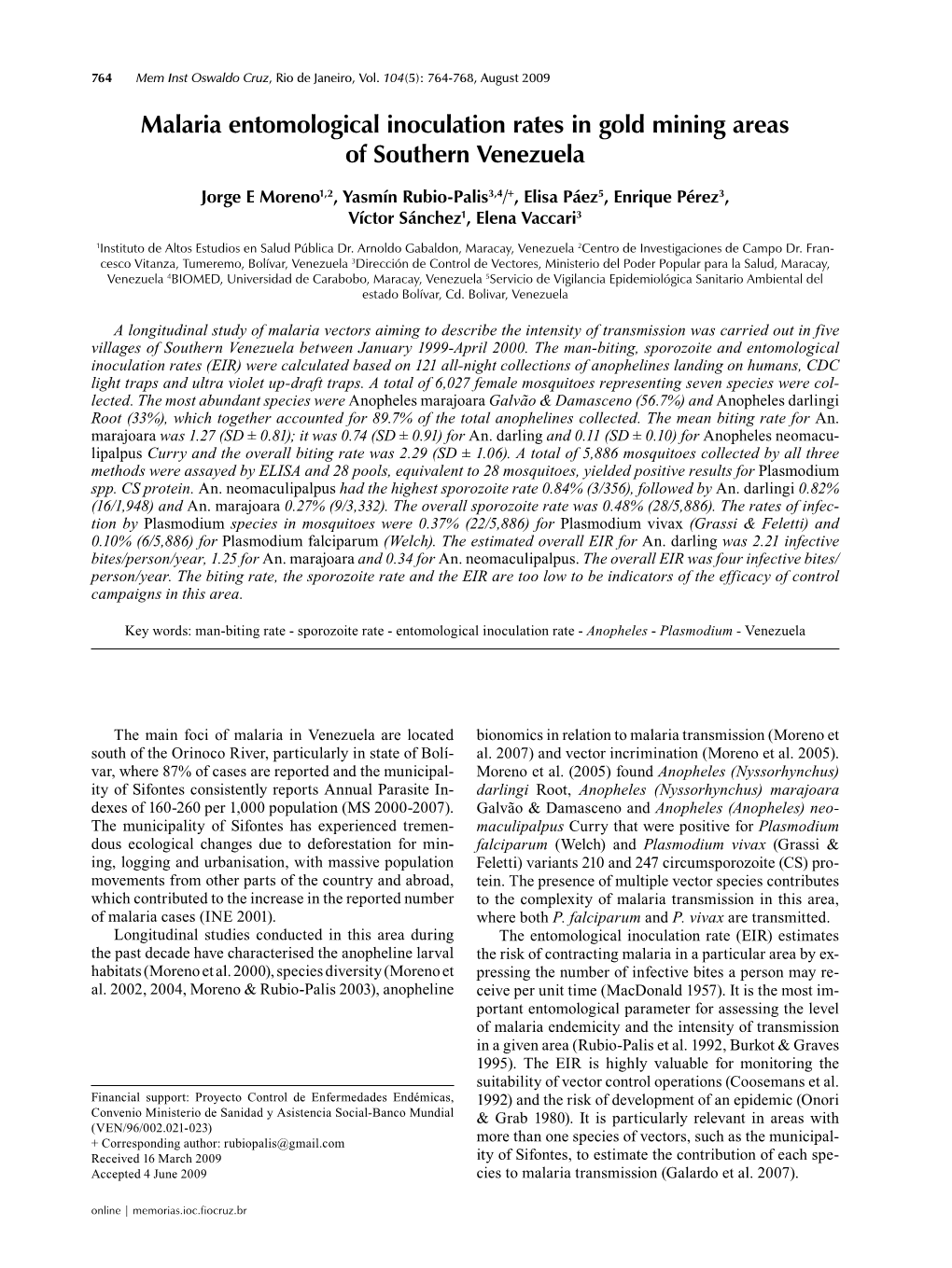 Malaria Entomological Inoculation Rates in Gold Mining Areas of Southern Venezuela