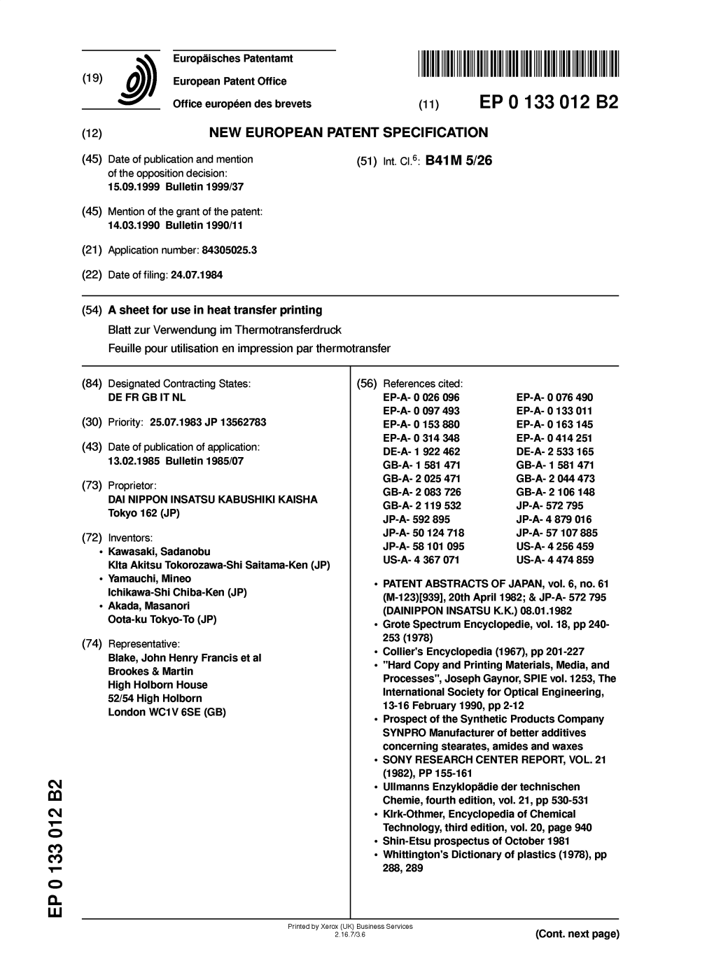 A Sheet for Use in Heat Transfer Printing Blatt Zur Verwendung Im Thermotransferdruck Feuille Pour Utilisation En Impression Par Thermotransfer