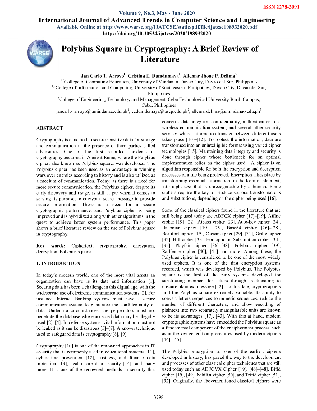 Polybius Square in Cryptography: a Brief Review of Literature