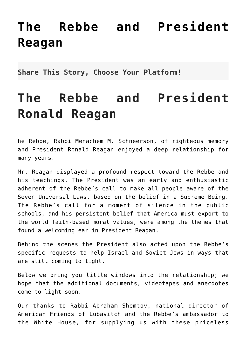 The Rebbe and President Reagan