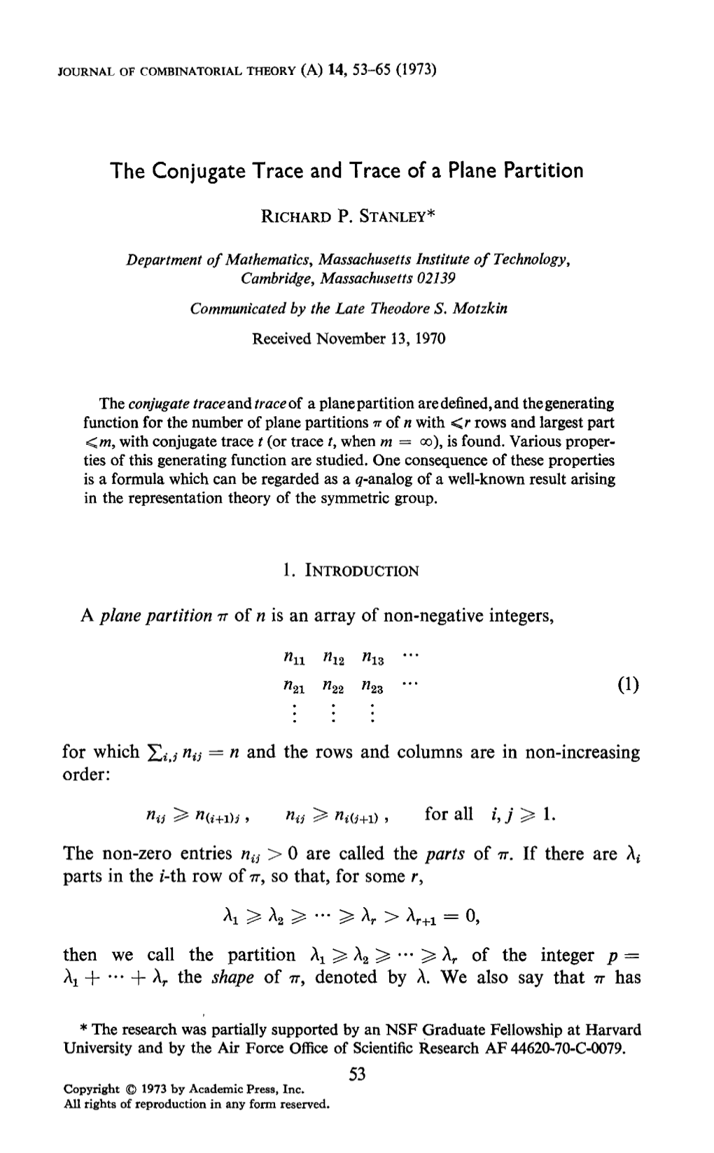 The Conjugate Trace and Trace of a Plane Partition