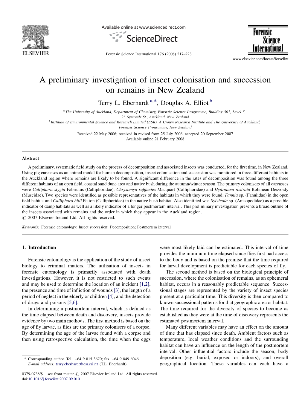 A Preliminary Investigation of Insect Colonisation and Succession on Remains in New Zealand Terry L