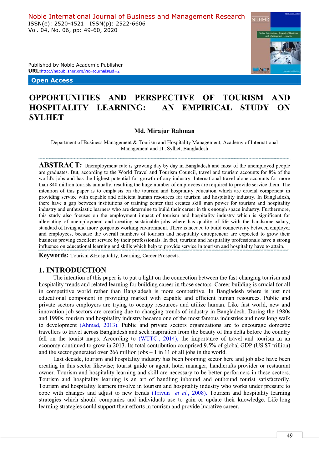 Opportunities and Perspective of Tourism and Hospitality Learning: an Empirical Study on Sylhet