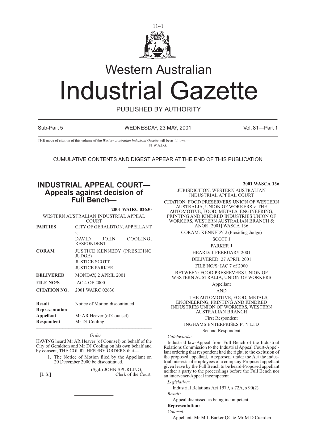 Western Australian Industrial Gazette 1141