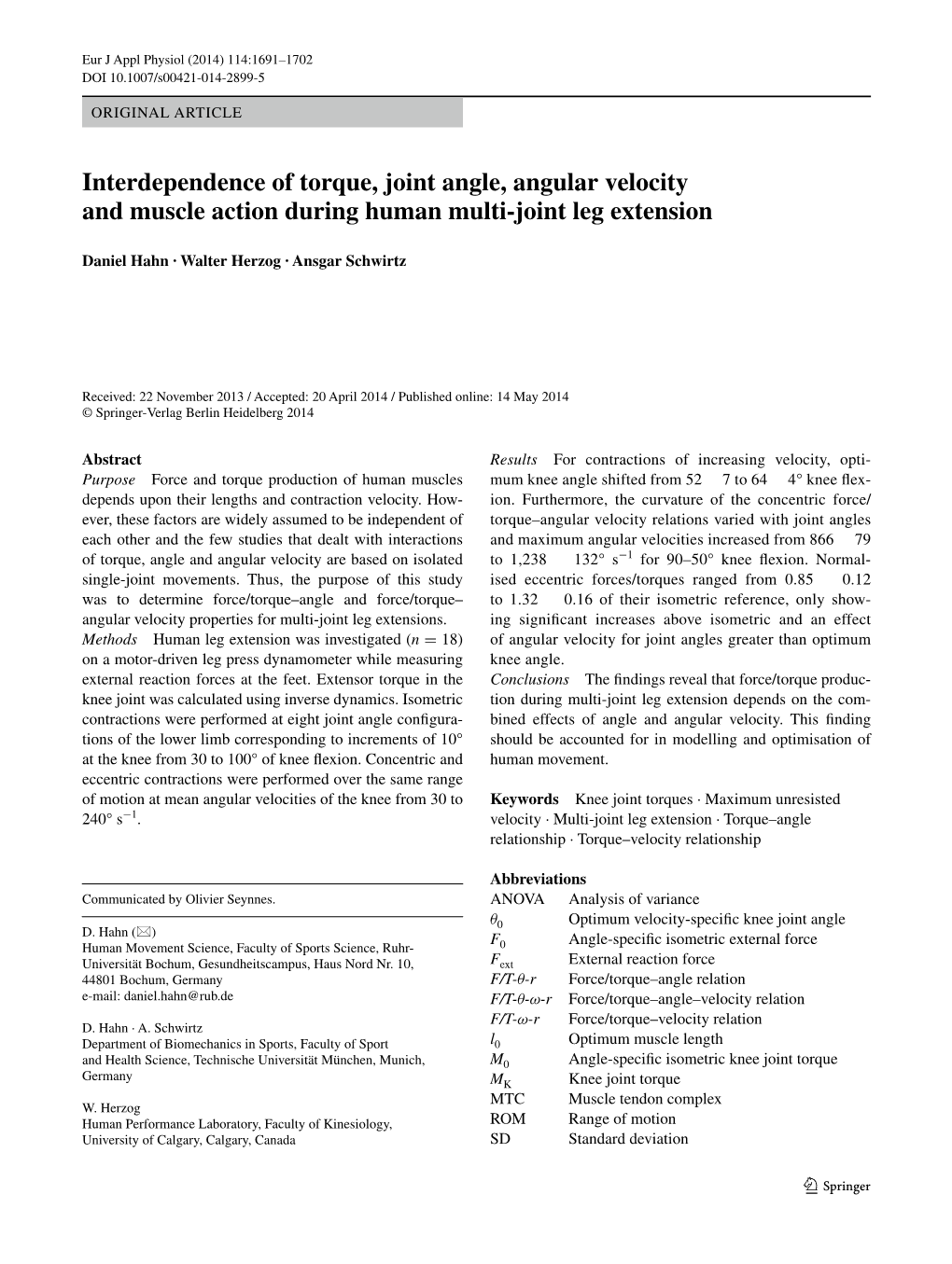 Interdependence of Torque, Joint Angle, Angular Velocity and Muscle Action During Human Multi-Joint Leg Extension