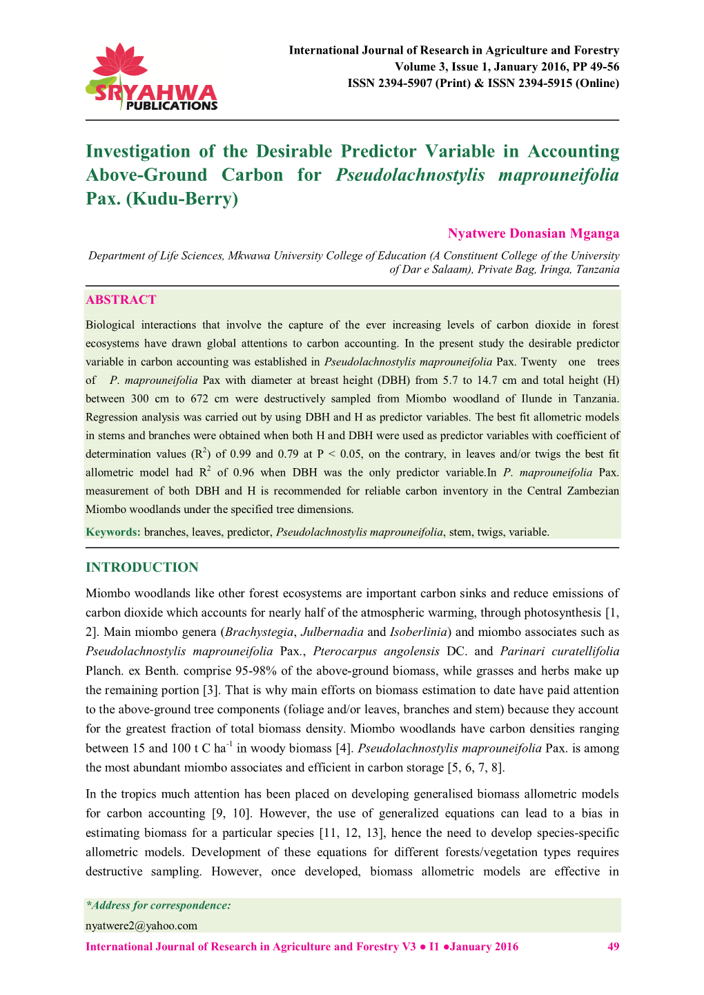 Investigation of the Desirable Predictor Variable in Accounting Above-Ground Carbon for Pseudolachnostylis Maprouneifolia Pax. (Kudu-Berry)