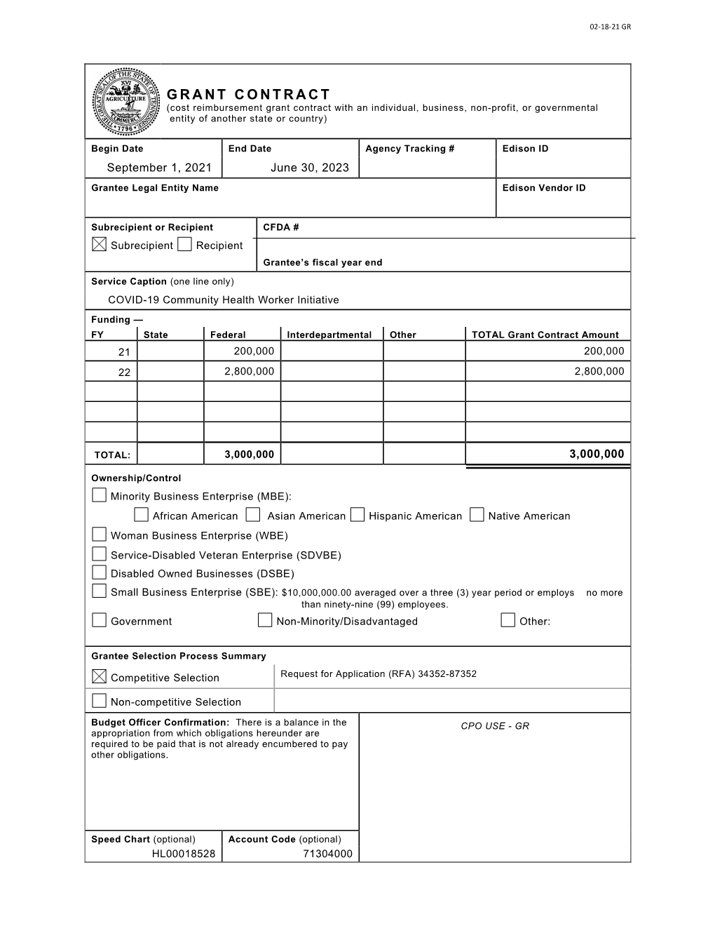 GRANT CONTRACT (Cost Reimbursement Grant Contract with an Individual, Business, Non-Profit, Or Governmental Entity of Another State Or Country)