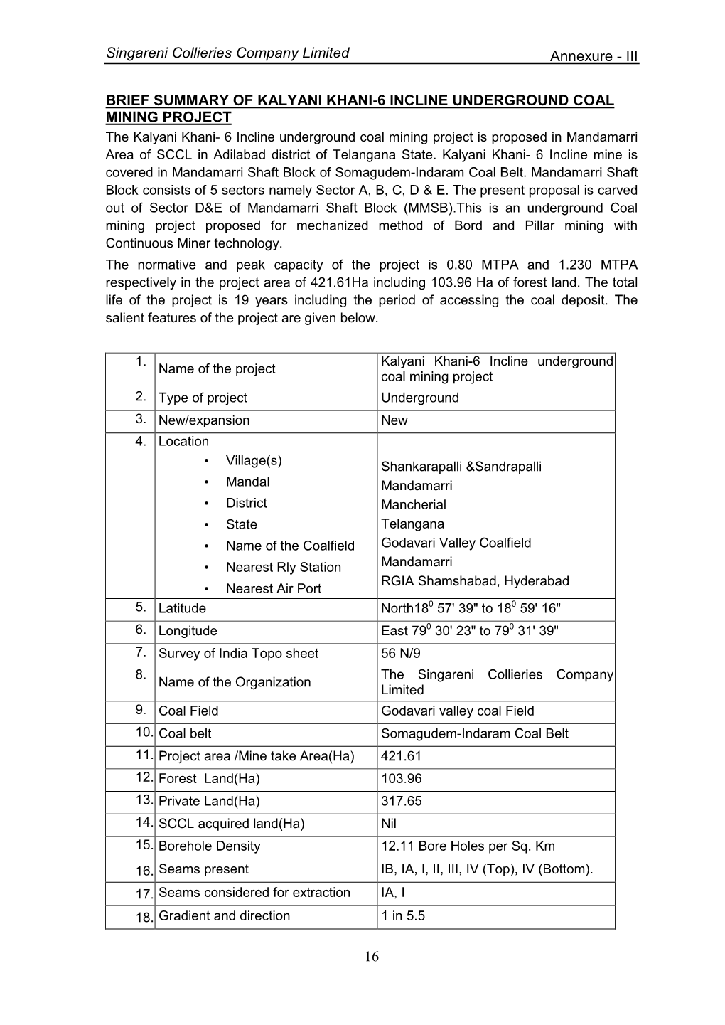 Singareni Collieries Company Limited BRIEF SUMMARY of KALYANI