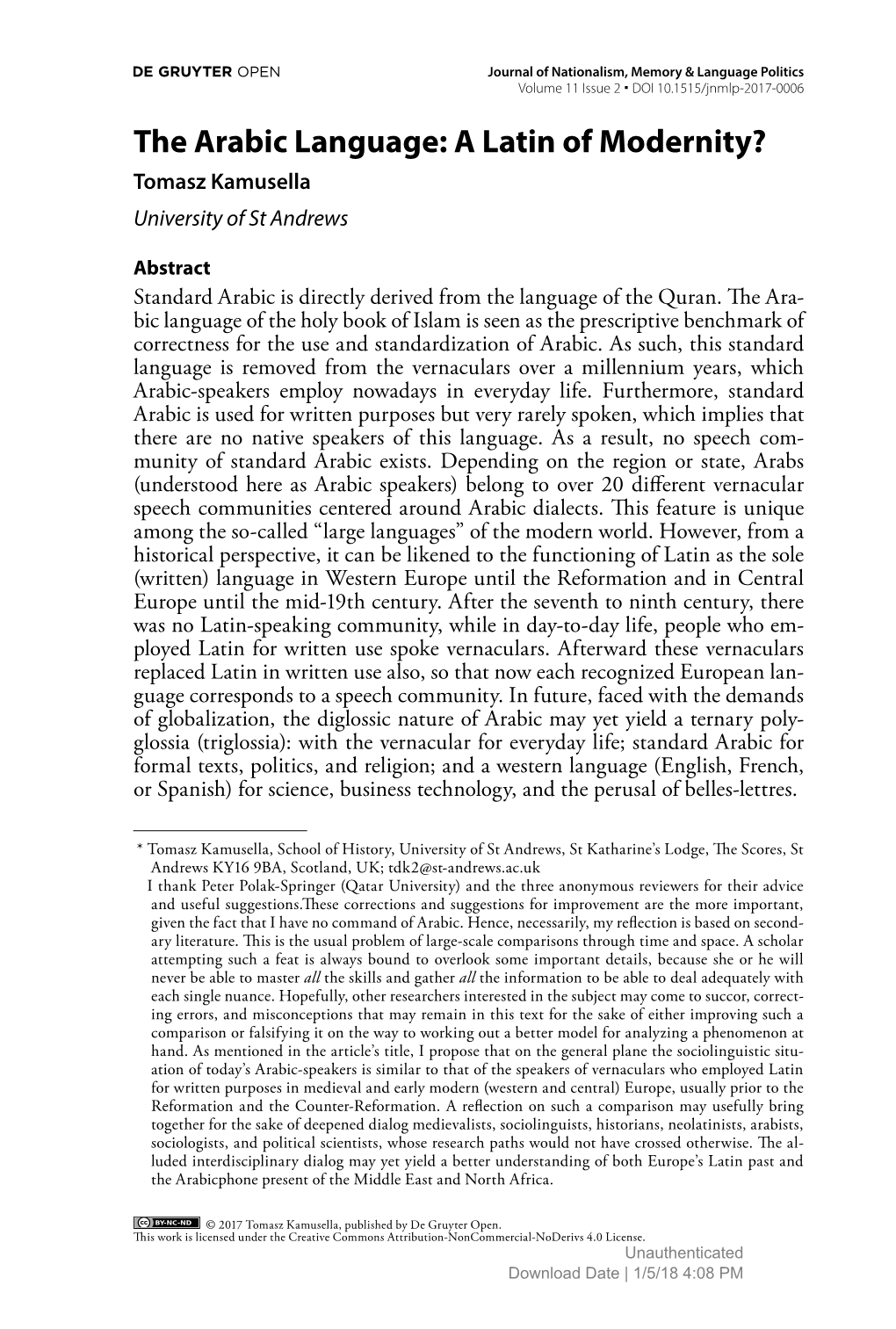 The Arabic Language: a Latin of Modernity? Tomasz Kamusella University of St Andrews