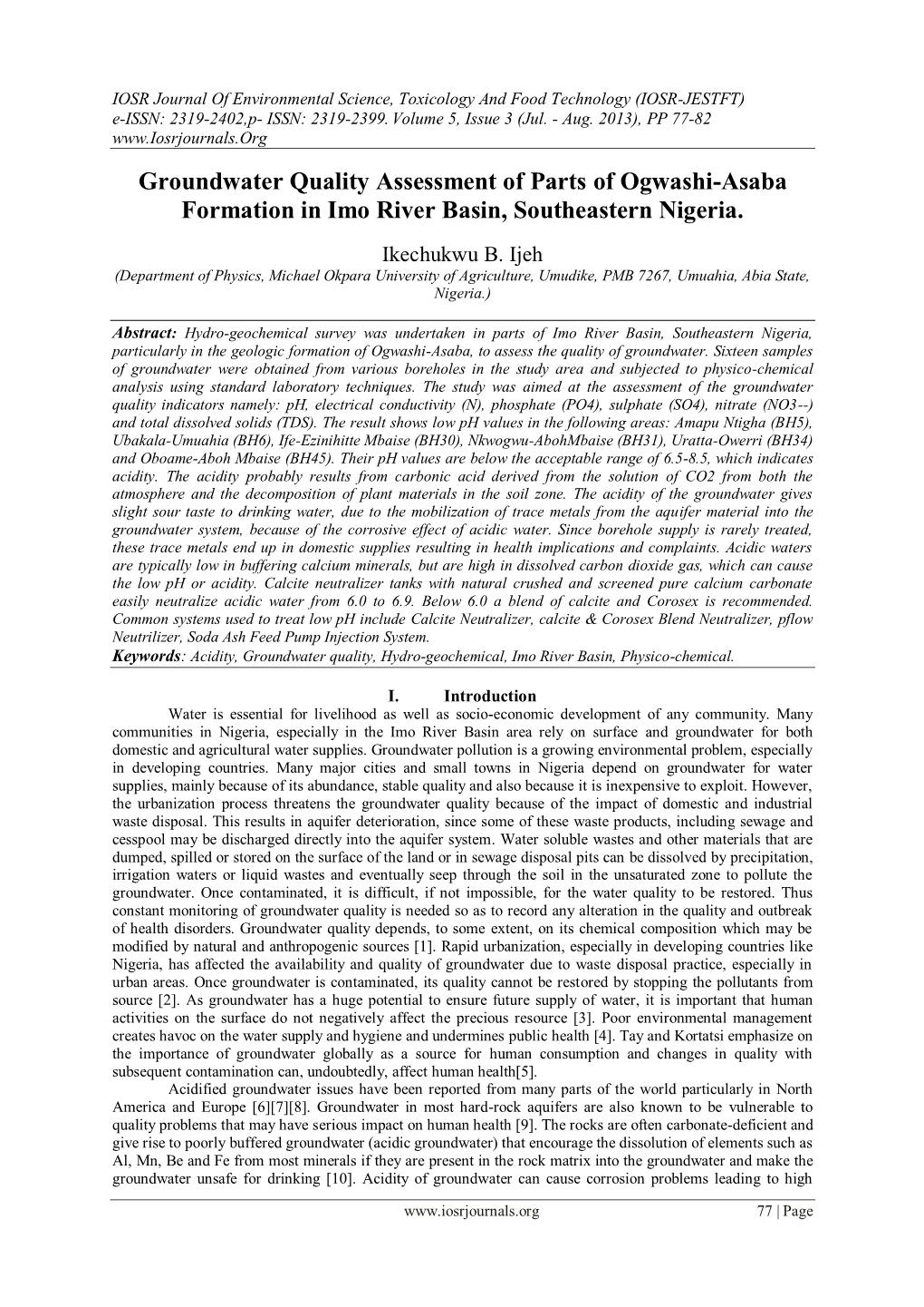 Groundwater Quality Assessment of Parts of Ogwashi-Asaba Formation in Imo River Basin, Southeastern Nigeria