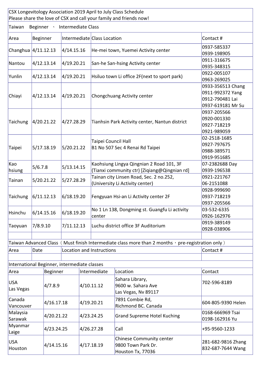 CSX Longevitology Association 2019 April to July Class Schedule Please