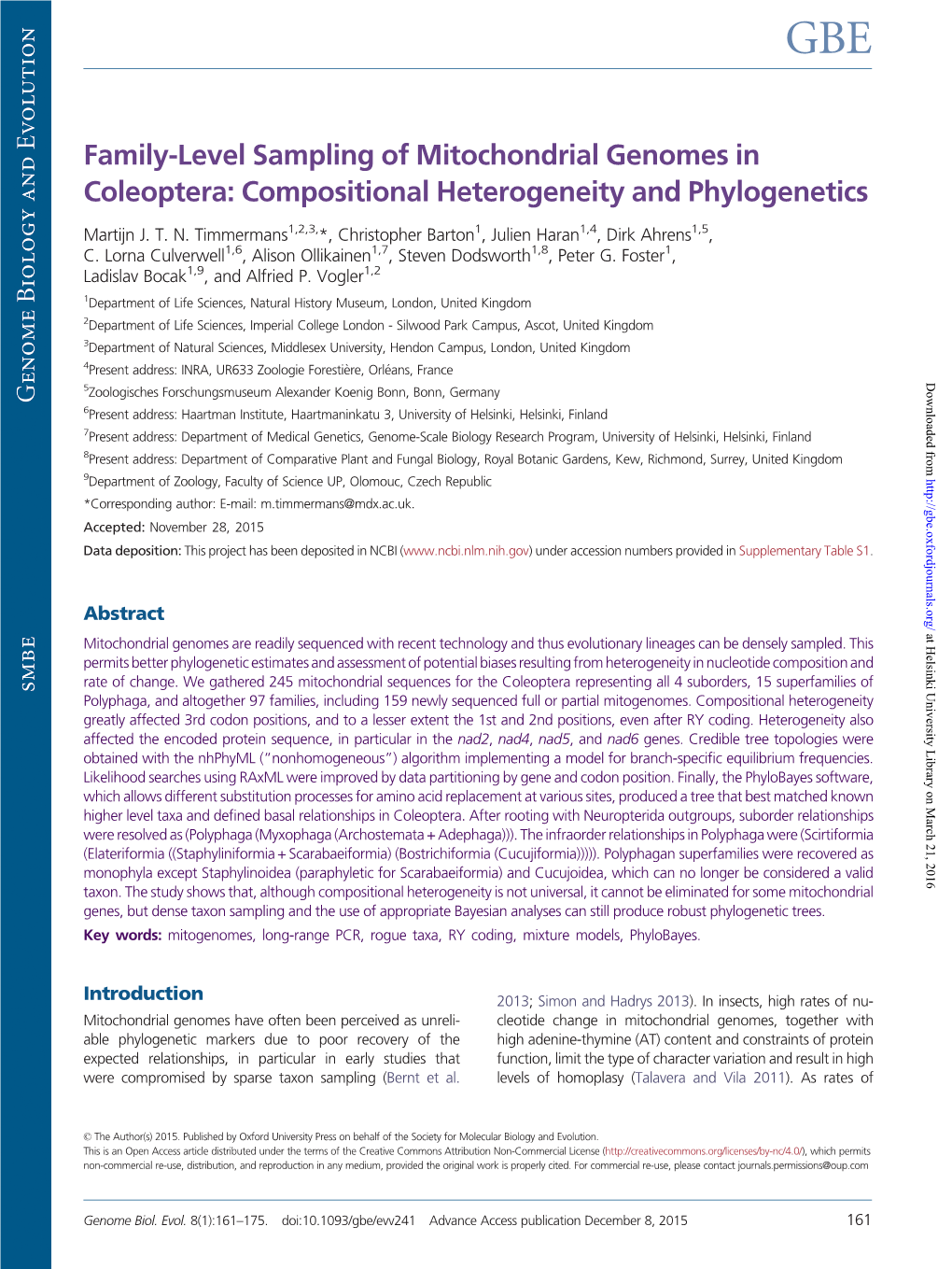 Family-Level Sampling of Mitochondrial Genomes in Coleoptera: Compositional Heterogeneity and Phylogenetics