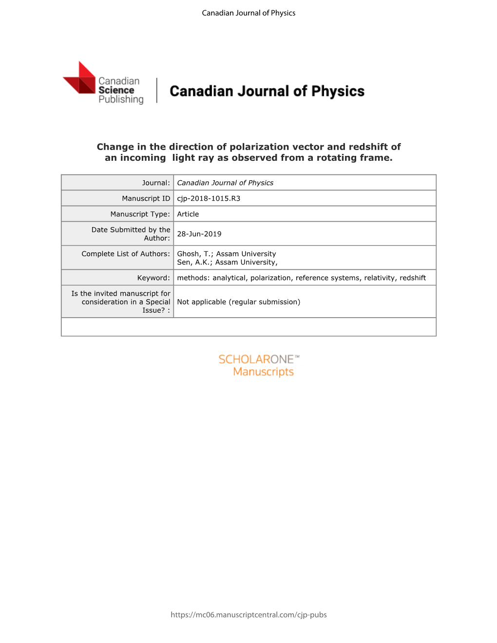 Change in the Direction of Polarization Vector and Redshift of an Incoming Light Ray As Observed from a Rotating Frame