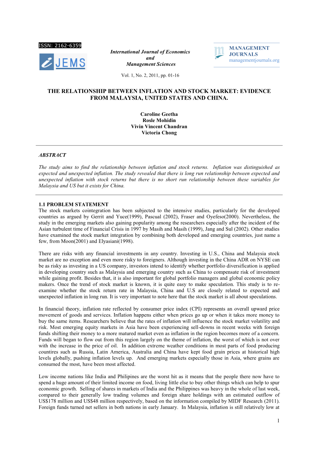 The Relationship Between Inflation and Stock Market: Evidence from Malaysia, United States and China