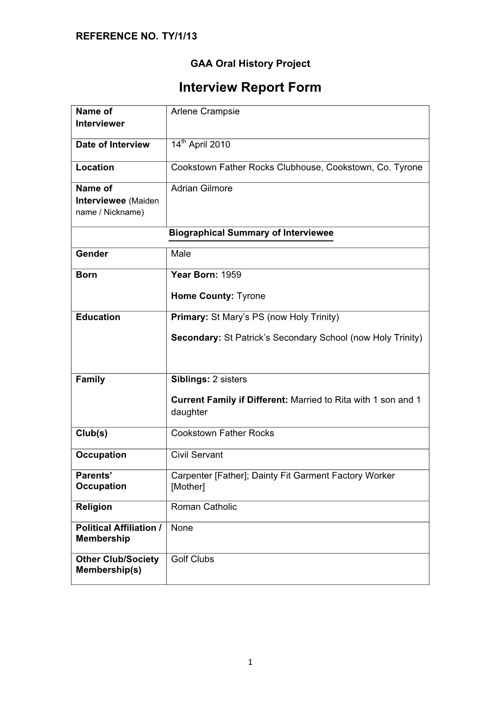 GAA Oral History Project Interview Report Form