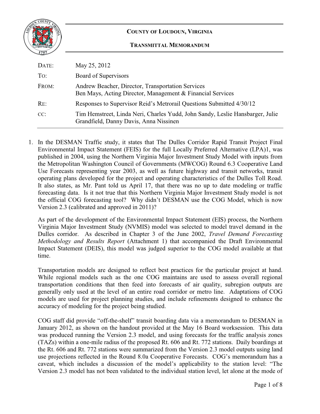 Page 1 of 8 May 25, 2012 TO: Board of Supervisors Andrew Beacher