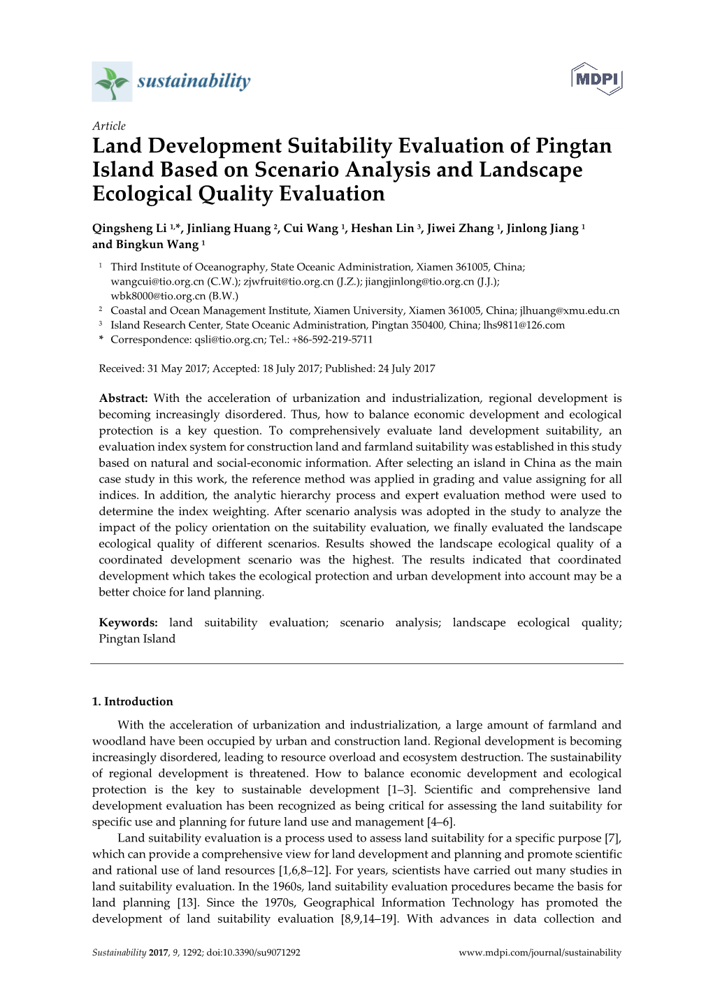 Land Development Suitability Evaluation of Pingtan Island Based on Scenario Analysis and Landscape Ecological Quality Evaluation