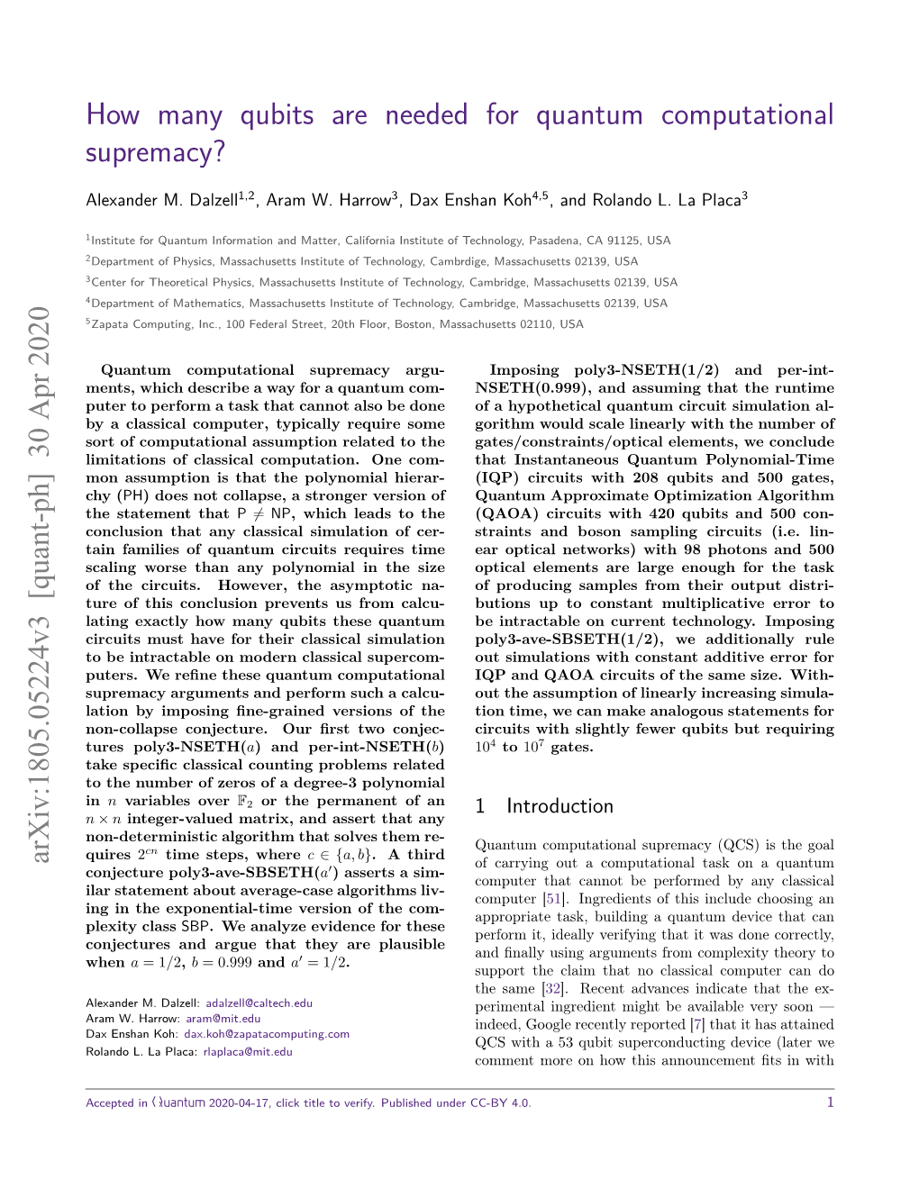 How Many Qubits Are Needed for Quantum Computational Supremacy?