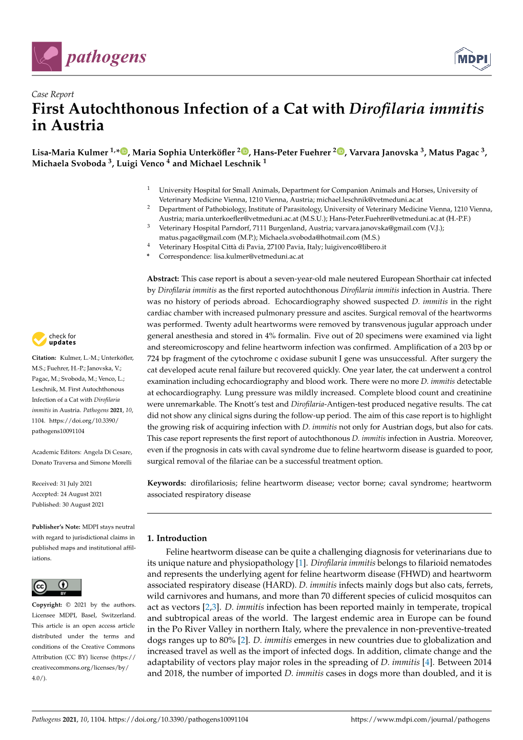 First Autochthonous Infection of a Cat with Dirofilaria Immitis in Austria